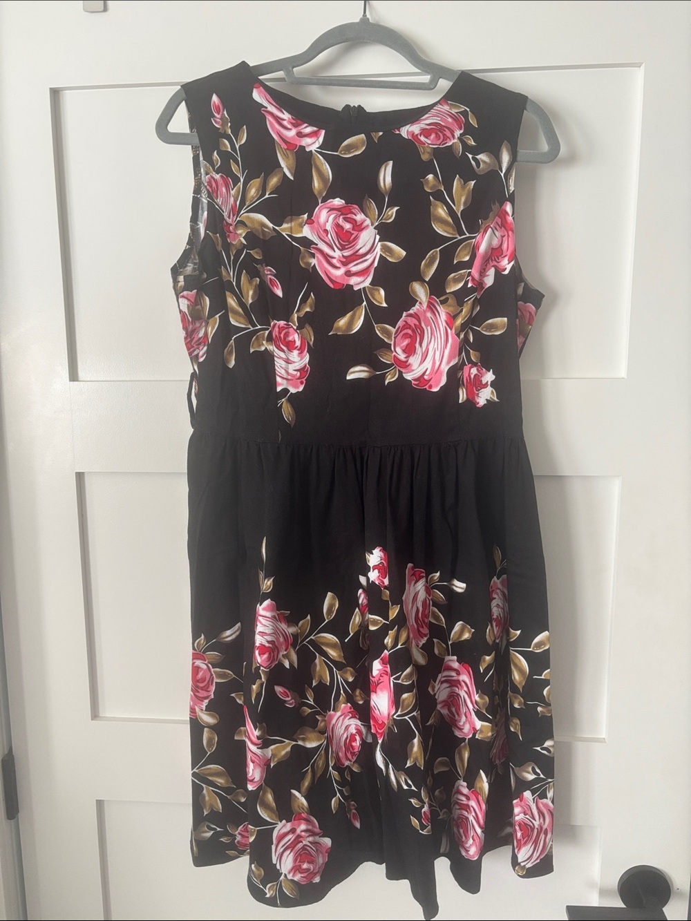 Floral Sleeveless Fit & Flare Dress in Black with Pink Roses
